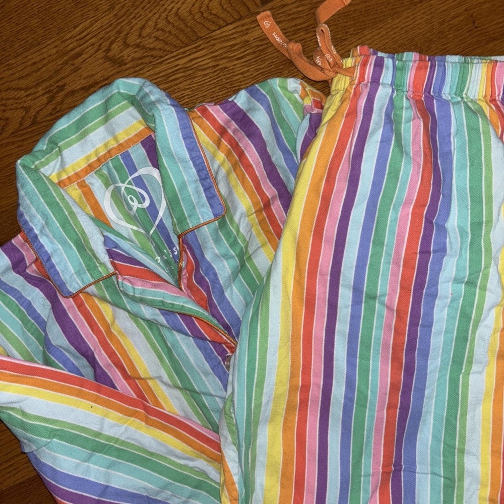 Vintage Y2K Victoria's Secret Pajama Set Small Striped Rainbow 2 Piece Cotton